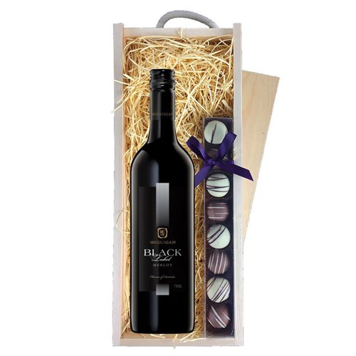 Mcguigan Black Label Merlot - Red Wine Gifts & Truffles, Wooden Box